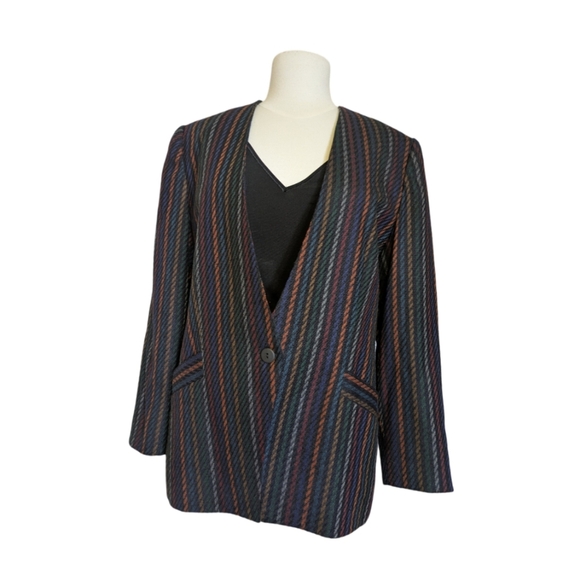 Vintage Blazer - Wool Blend Striped One Button Blazer Jacket Size Medium - Picture 5 of 12